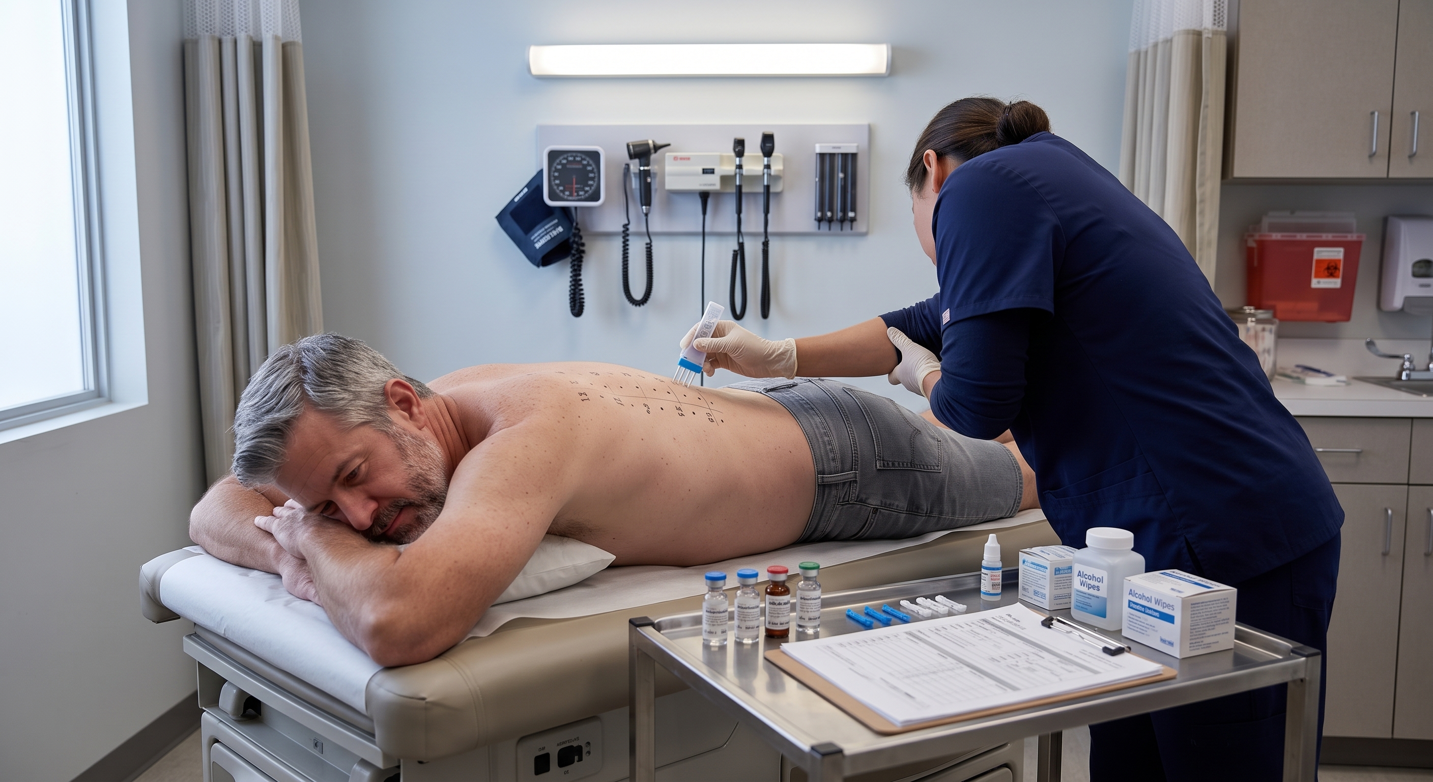 Man lying face down on an exam table while a nurse applies a skin prick allergy test to his marked-up back