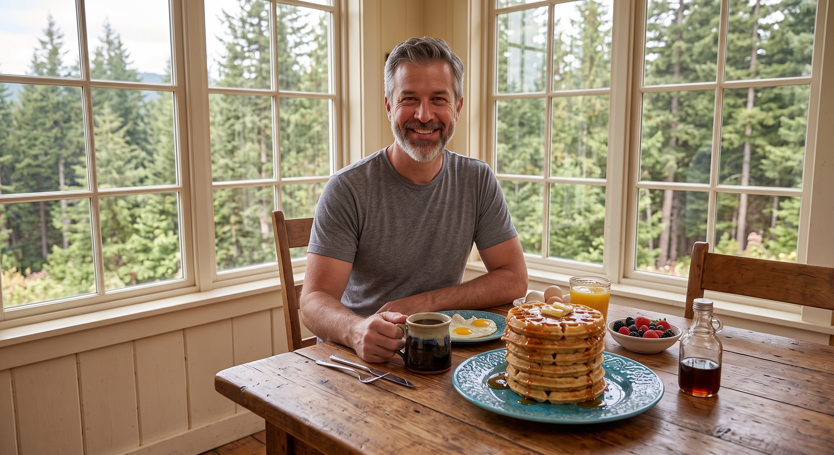 Man smiling at a breakfast table with a stack of pancakes and coffee