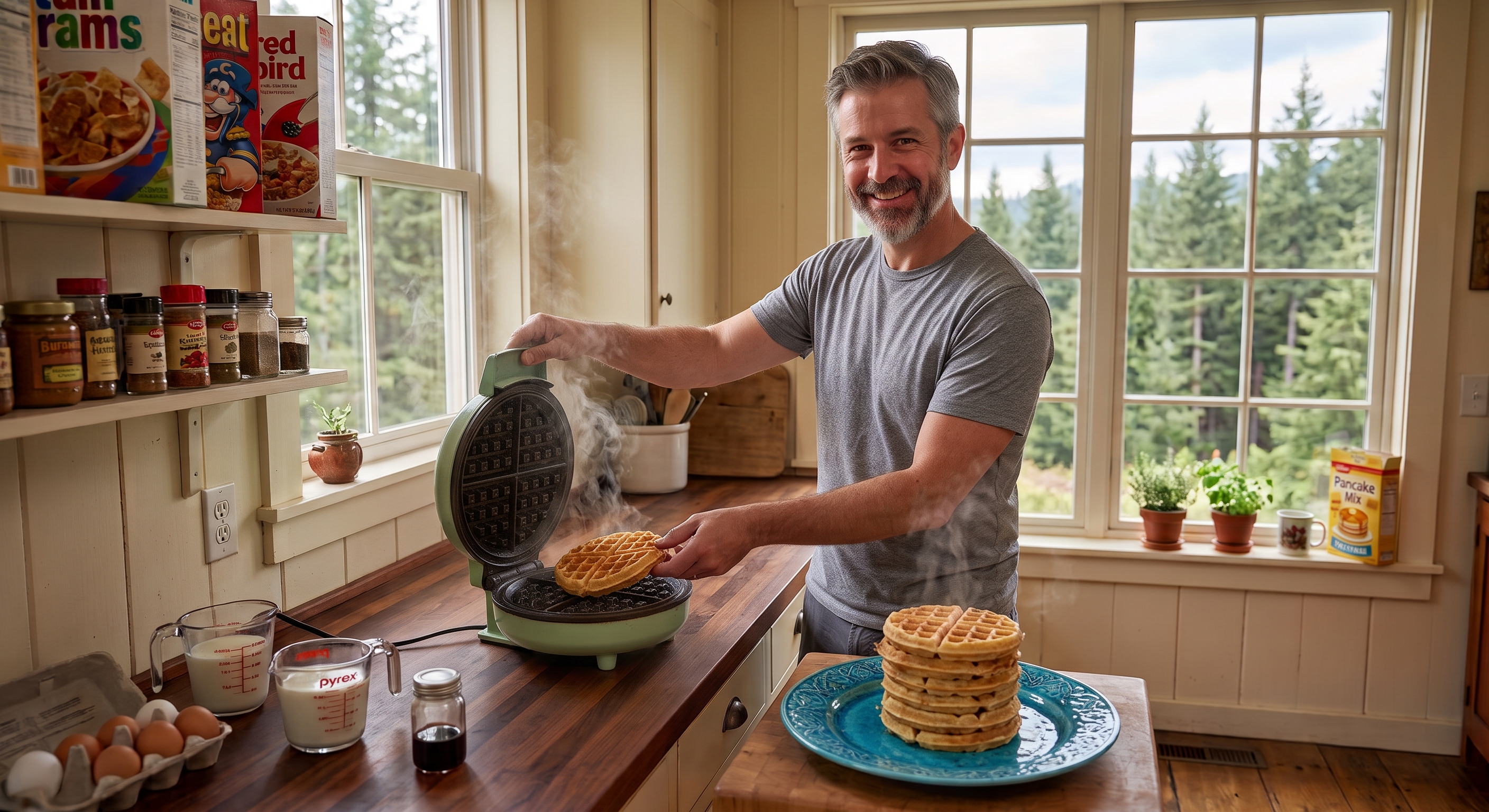 Man smiling at waffle iron in bright kitchen, unaware of danger