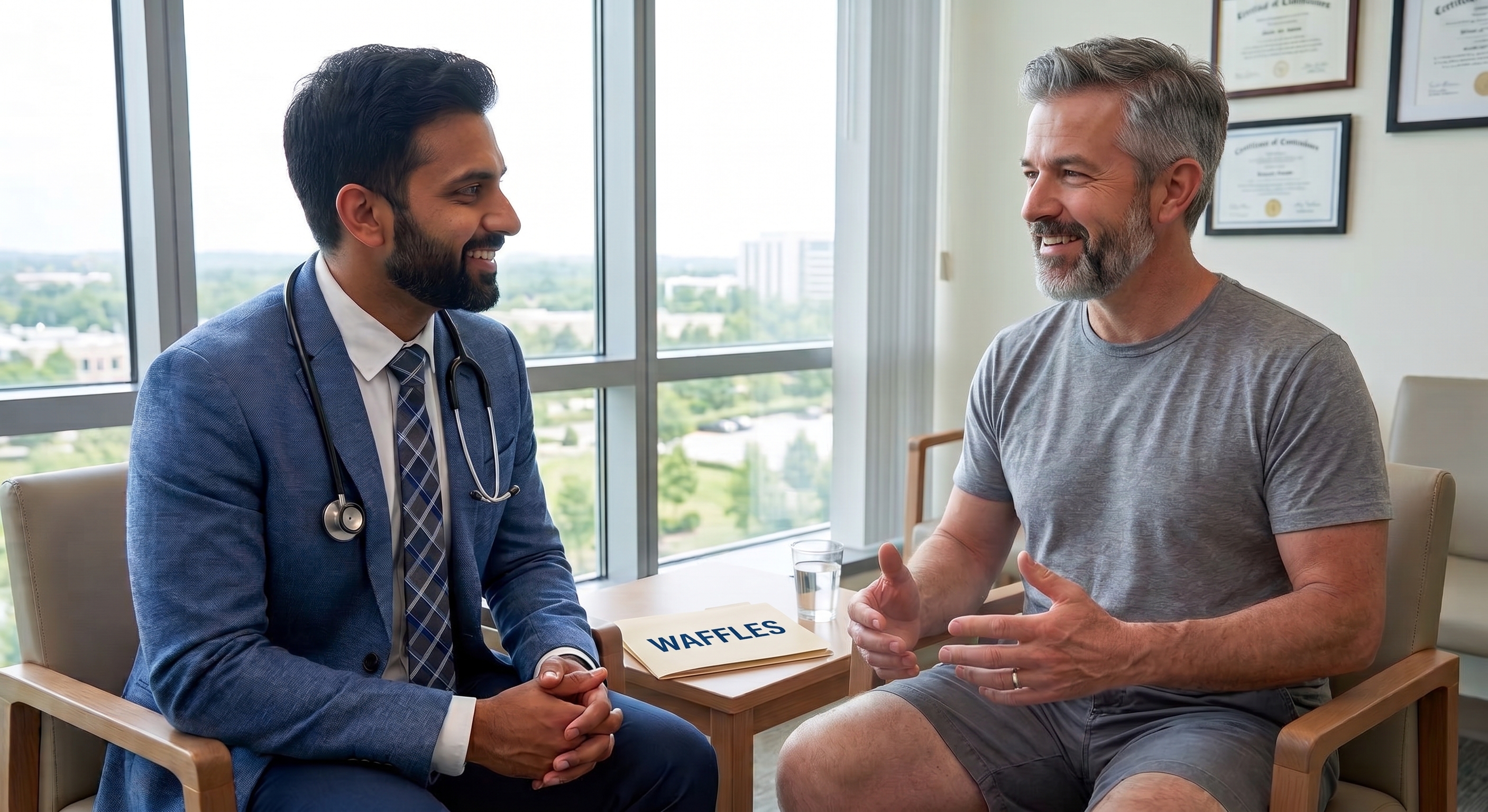 Doctor and patient sitting together in a consultation room, talking through the diagnosis