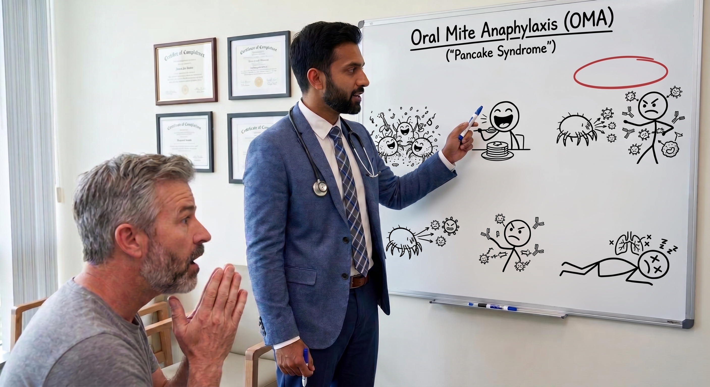 Doctor explaining Oral Mite Anaphylaxis on a whiteboard while the patient listens in disbelief