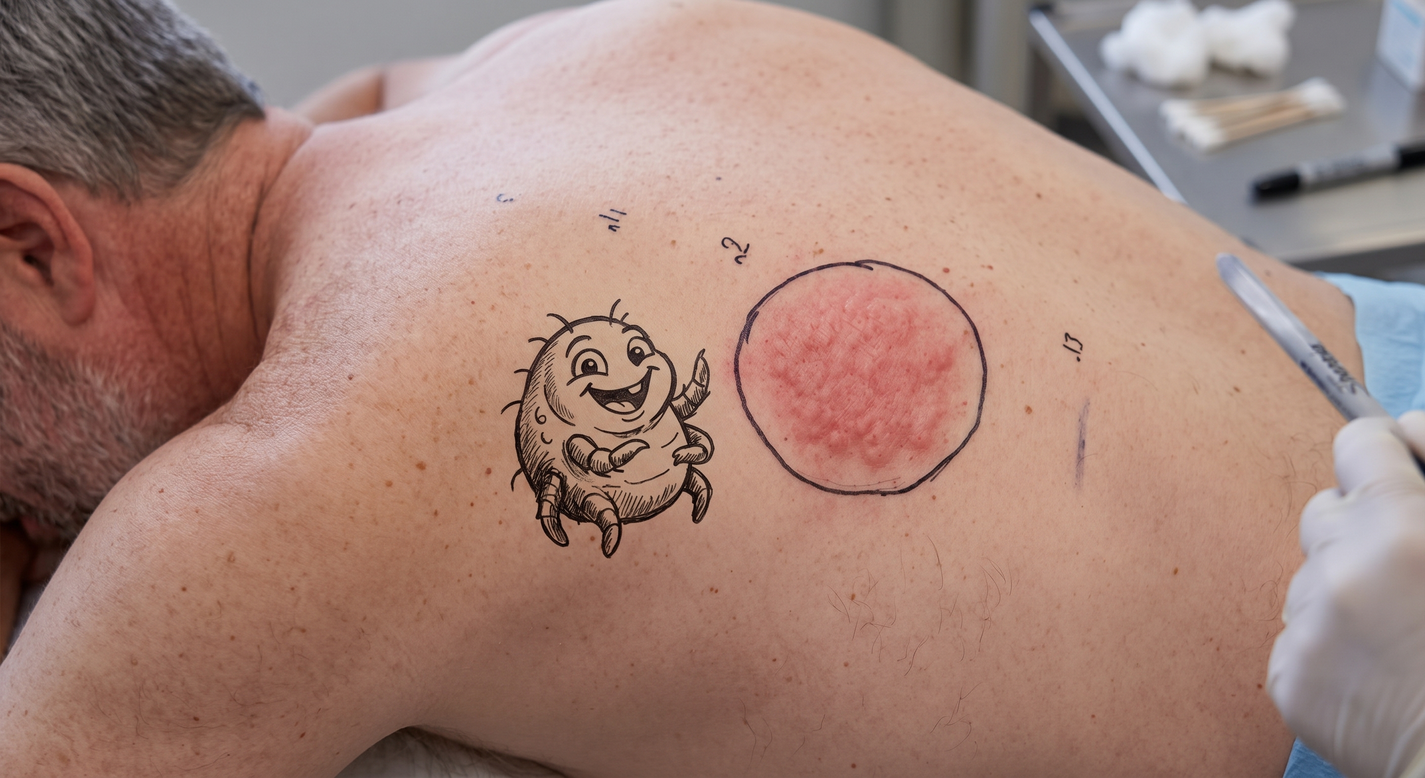 Large red welt circled in marker on a patient's back, with a smiling cartoon dust mite drawn beside it
