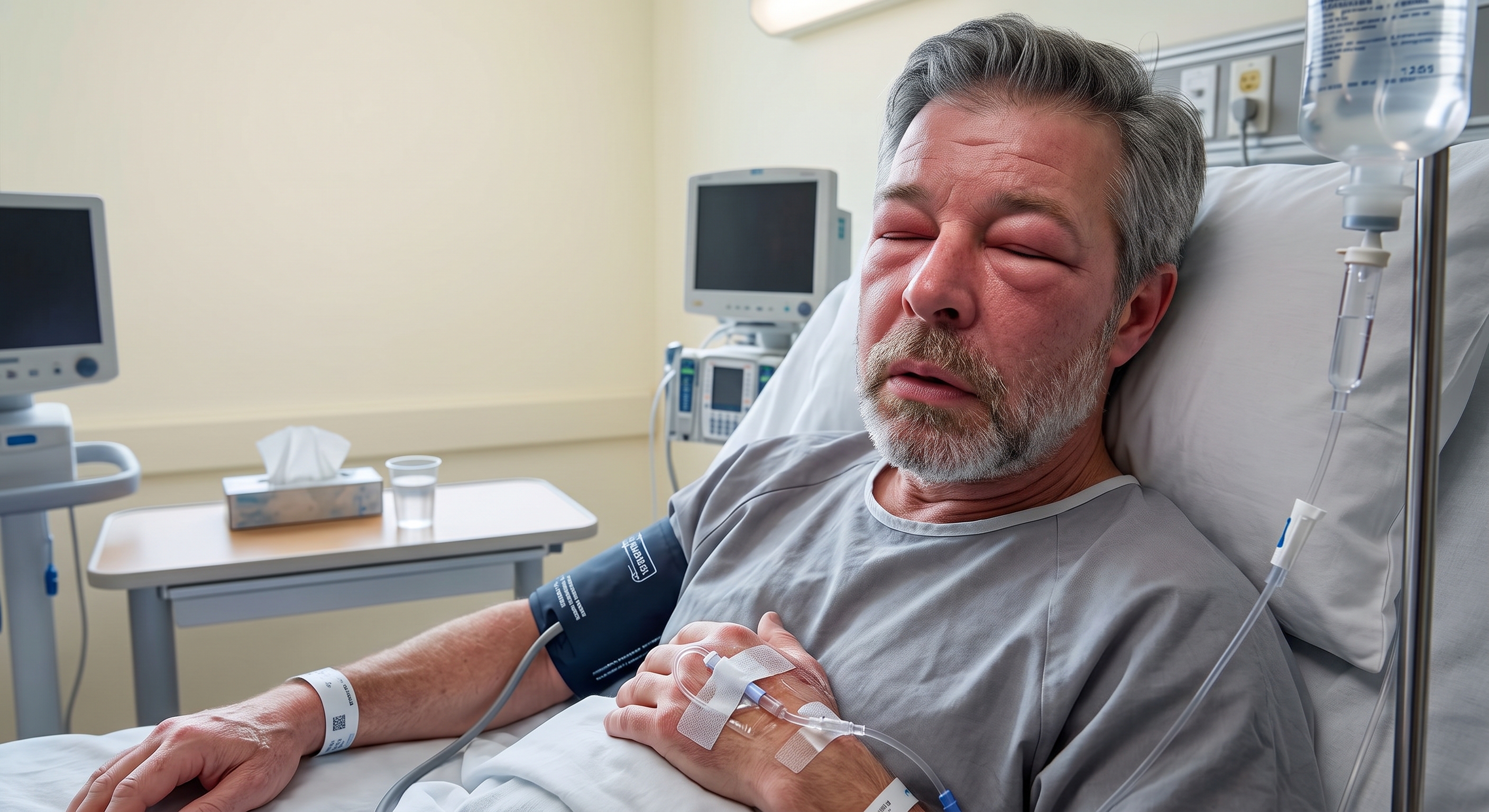 Man in ER hospital bed with severely swollen face, IV in arm, blood pressure cuff on