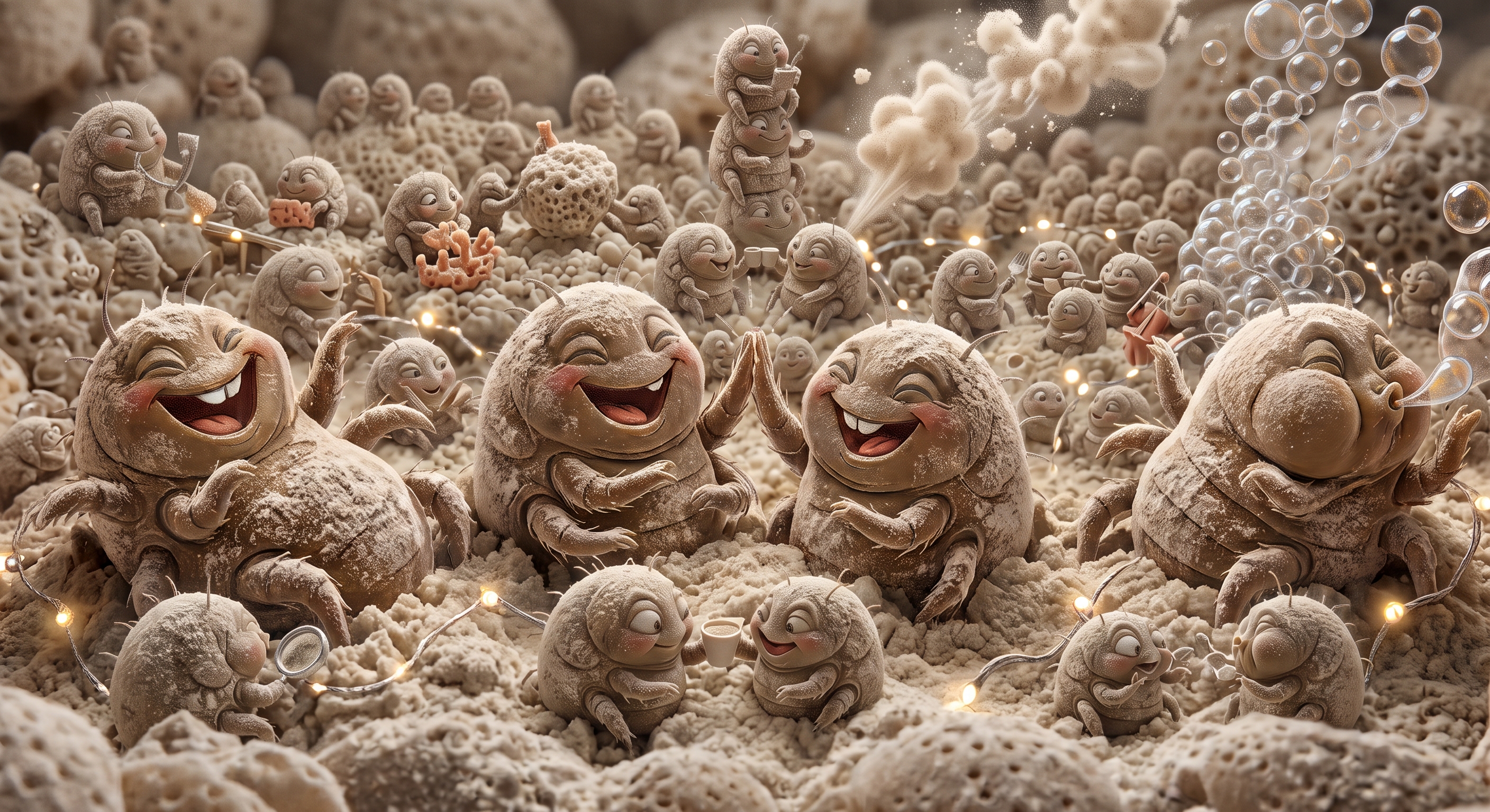 Massive colony of cartoon flour mites celebrating in grain with string lights