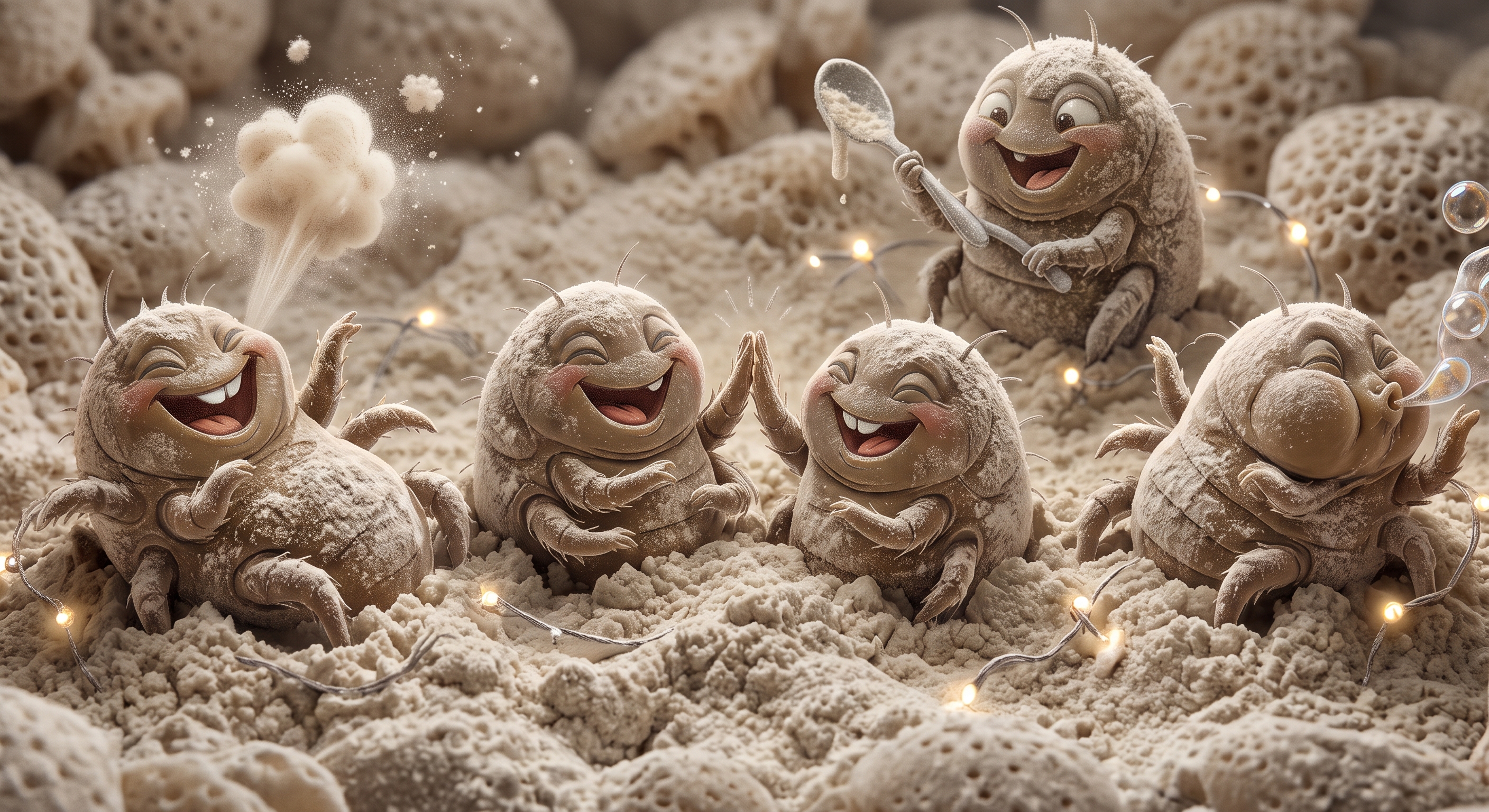 Cartoon illustration of flour mites celebrating in grain