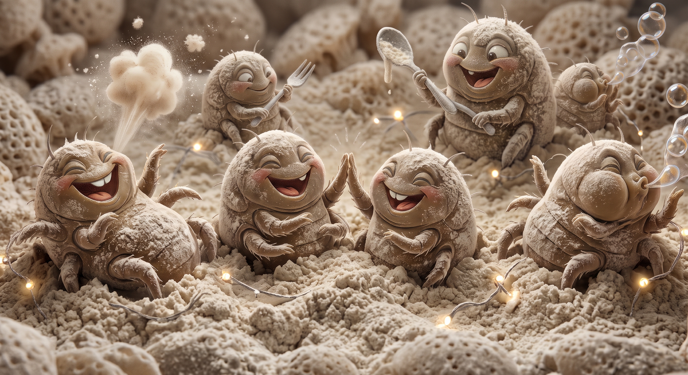 Cartoon flour mites celebrating with forks and spoons