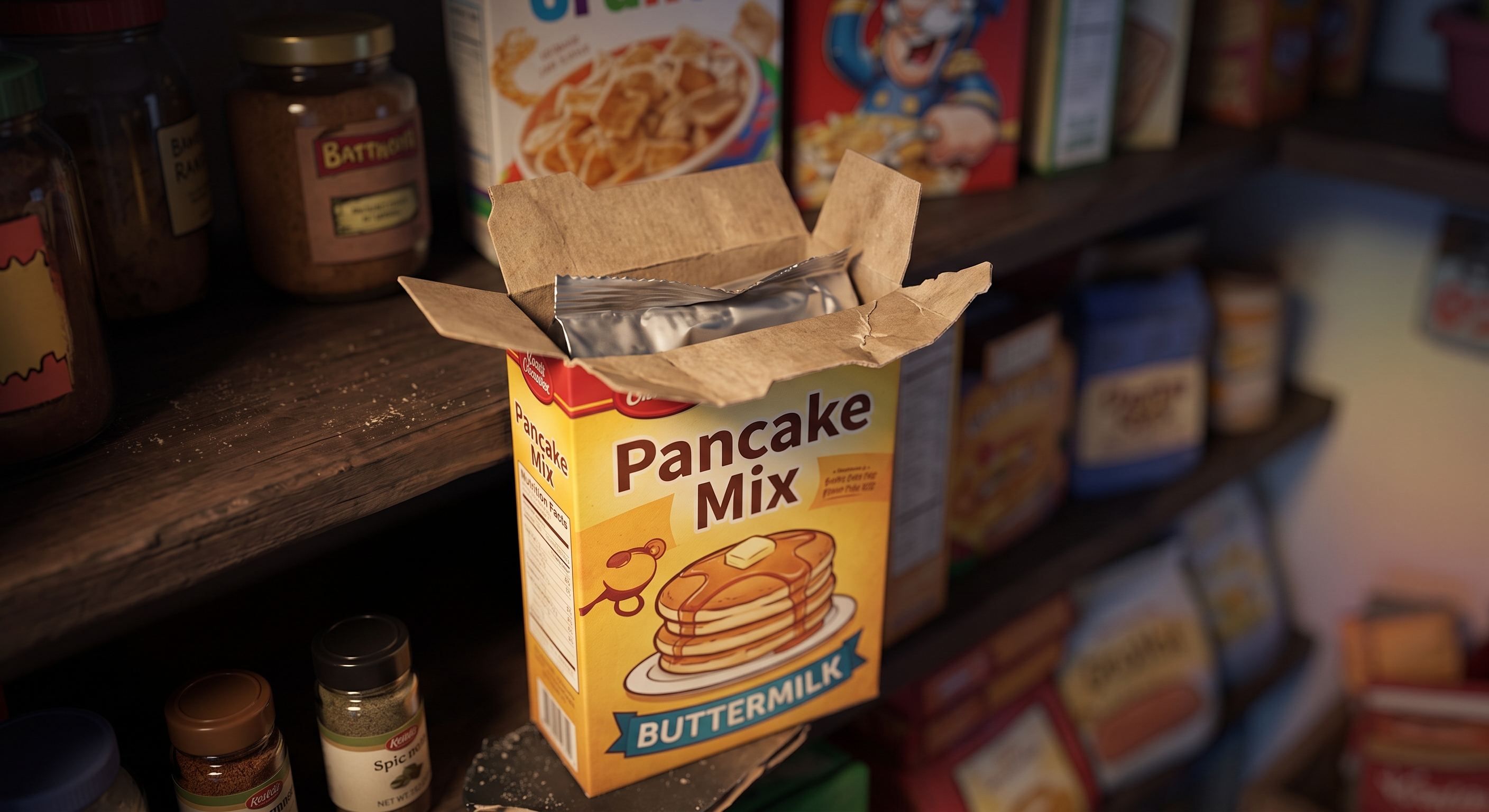 Close-up of an old opened pancake mix box on a dark pantry shelf