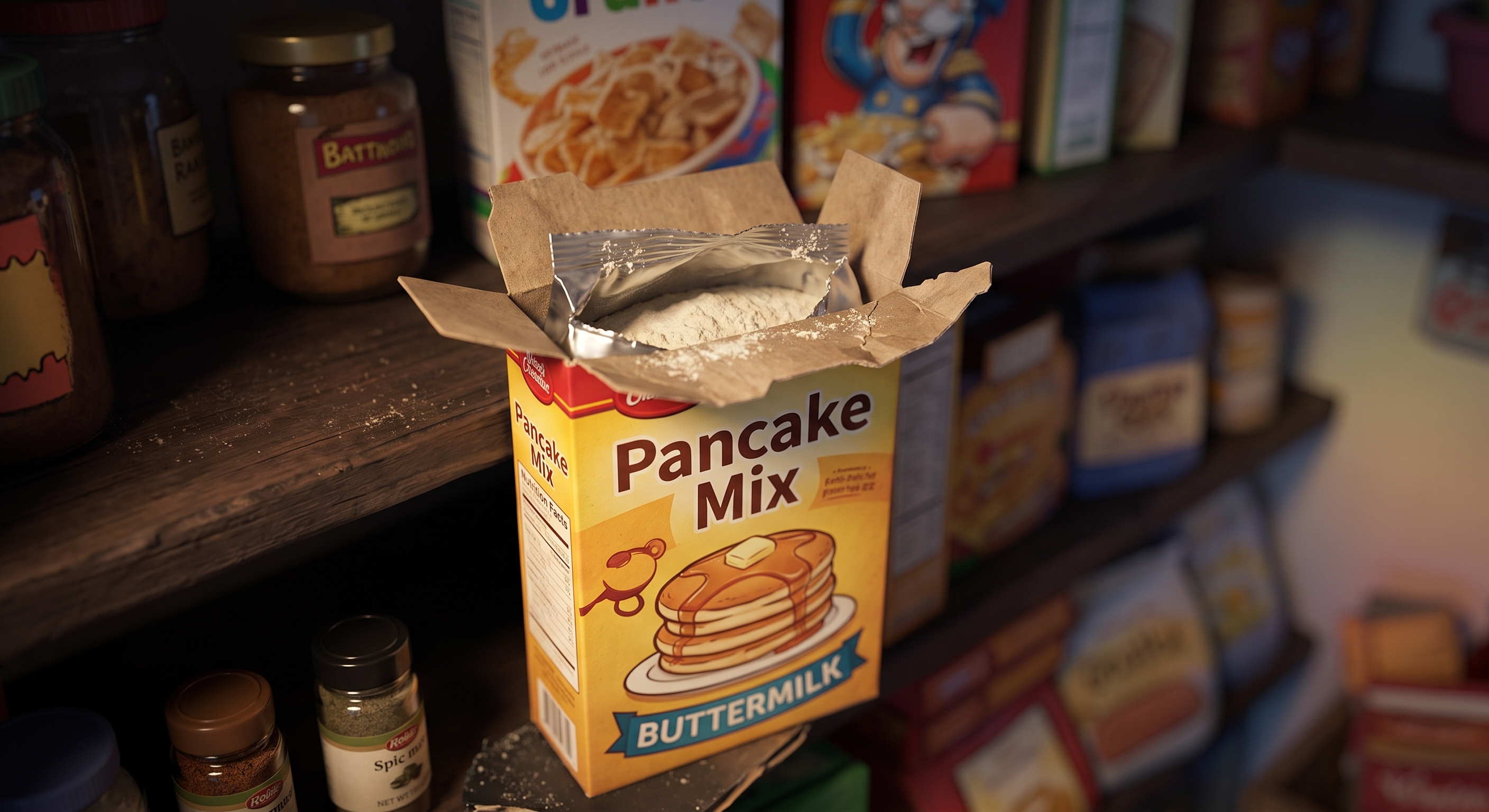 Opened pancake mix box with flour spilling out onto the shelf