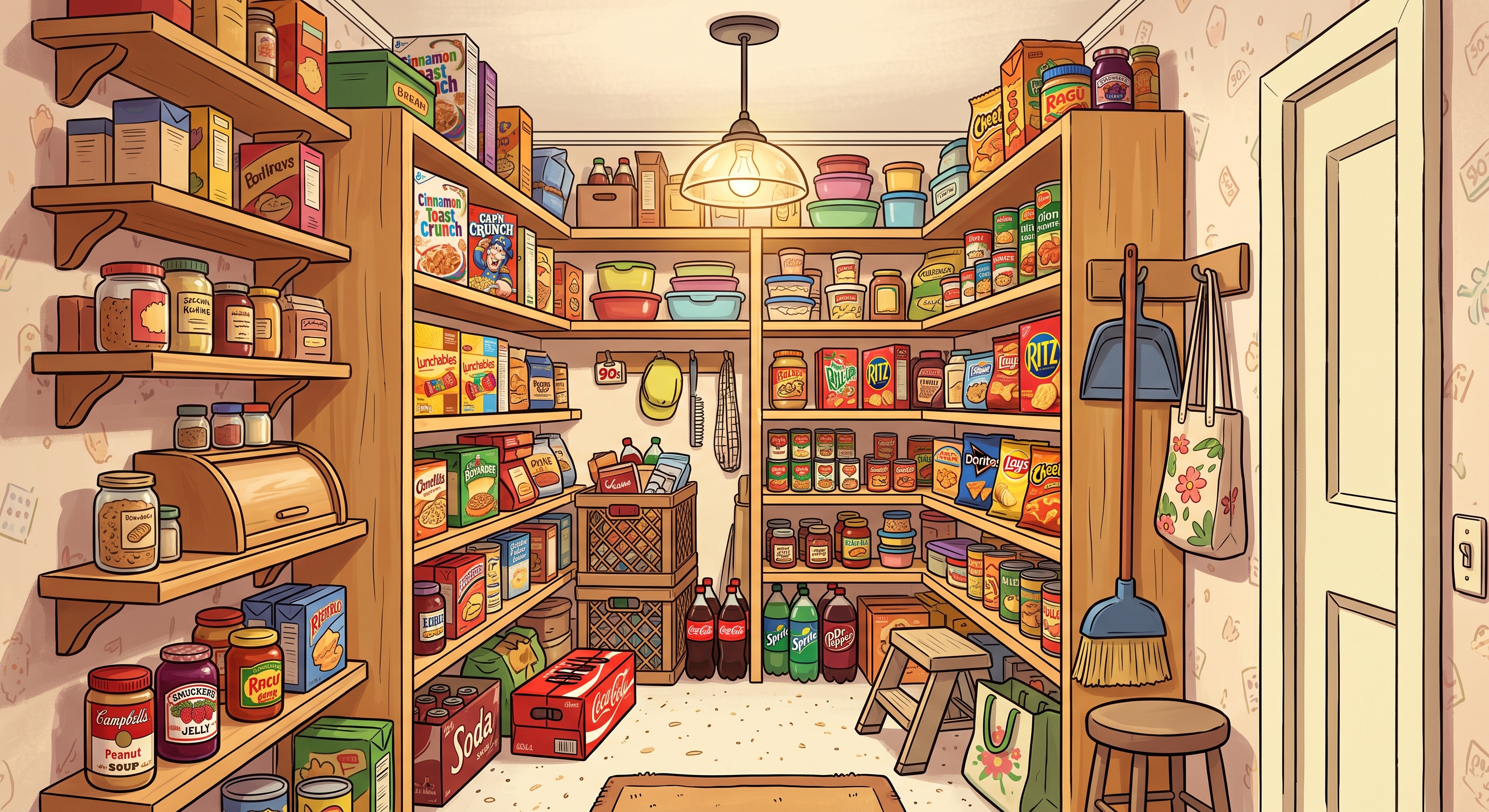 A fully stocked home pantry with shelves of food