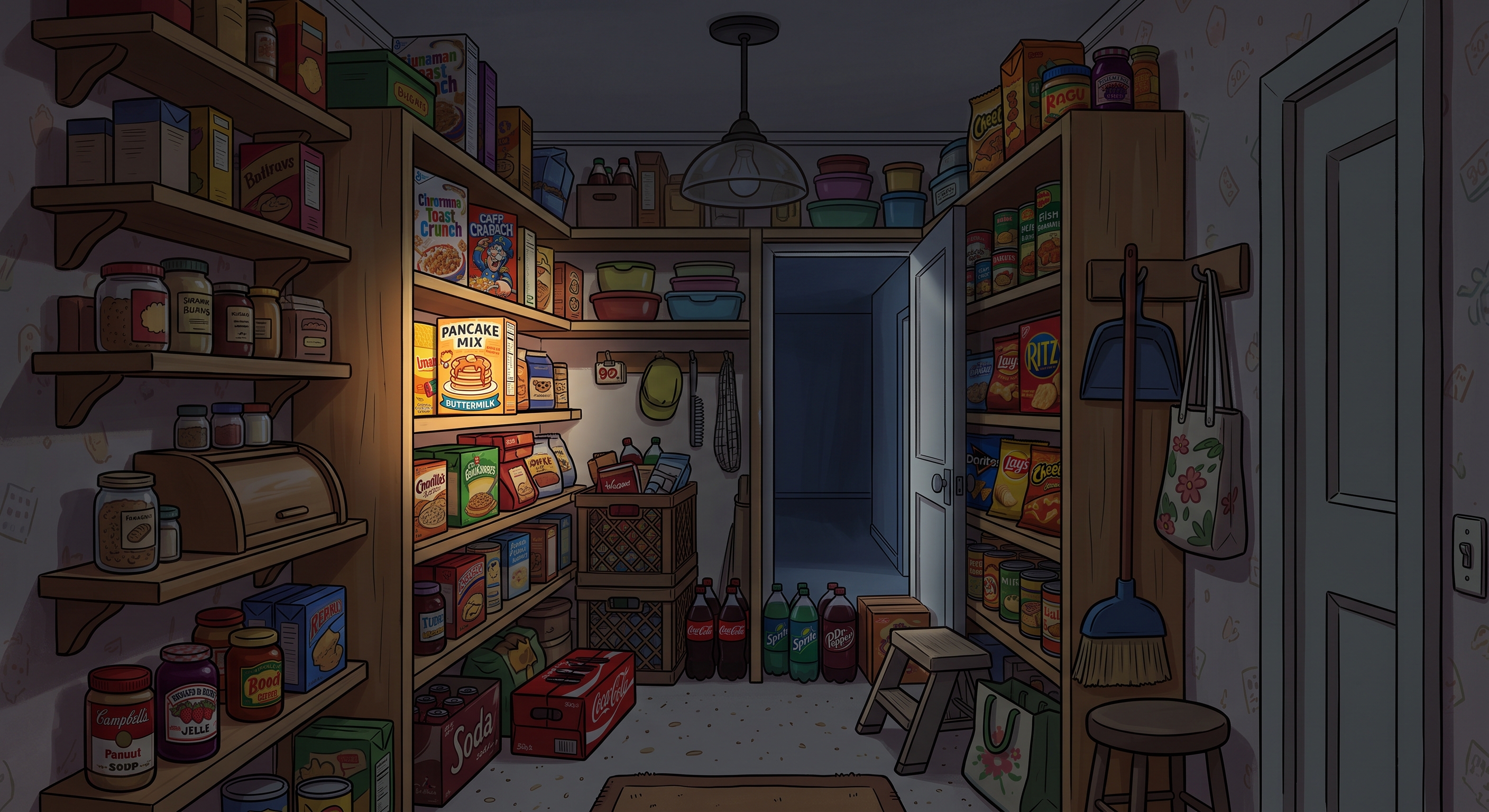 Dark pantry with a single glowing box of pancake mix spotlit on the shelf