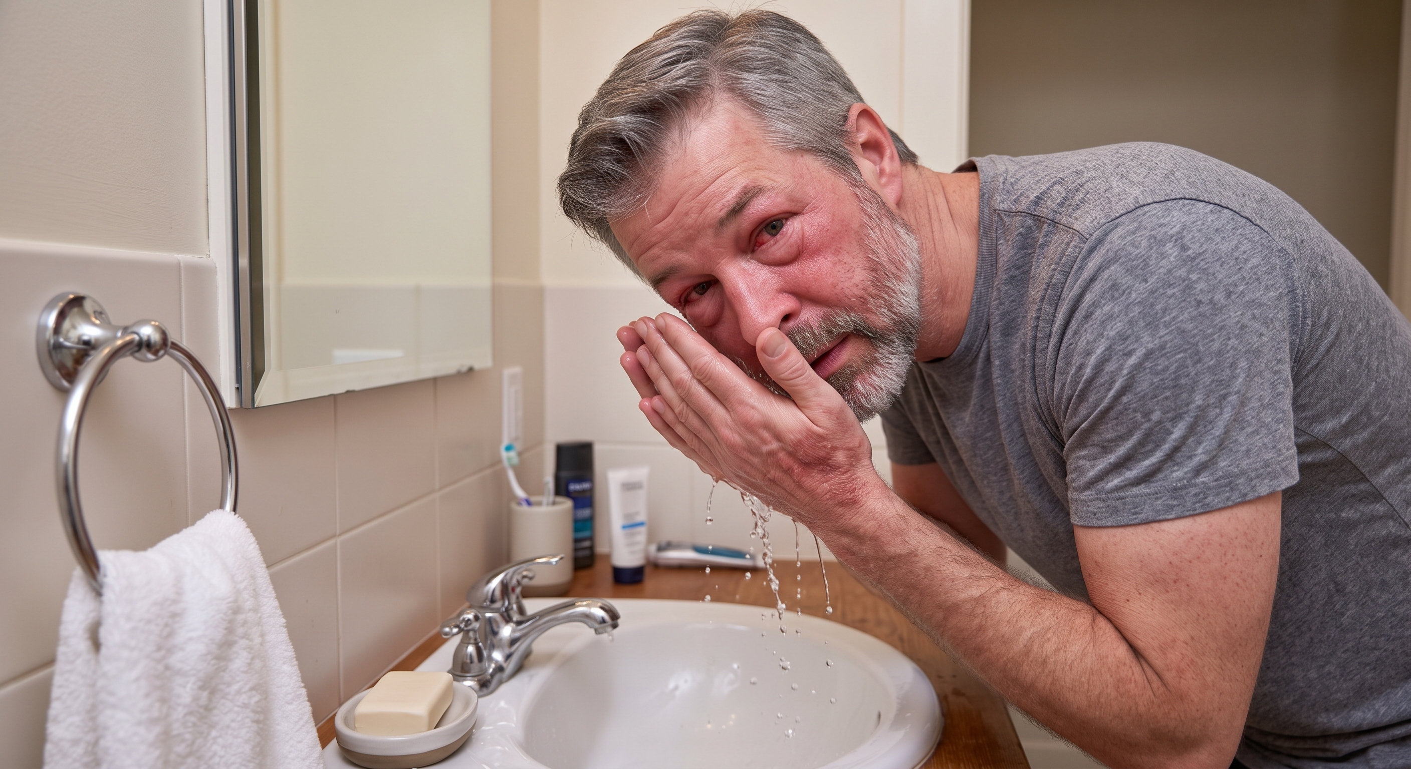 Man hunched over bathroom sink washing his swelling face