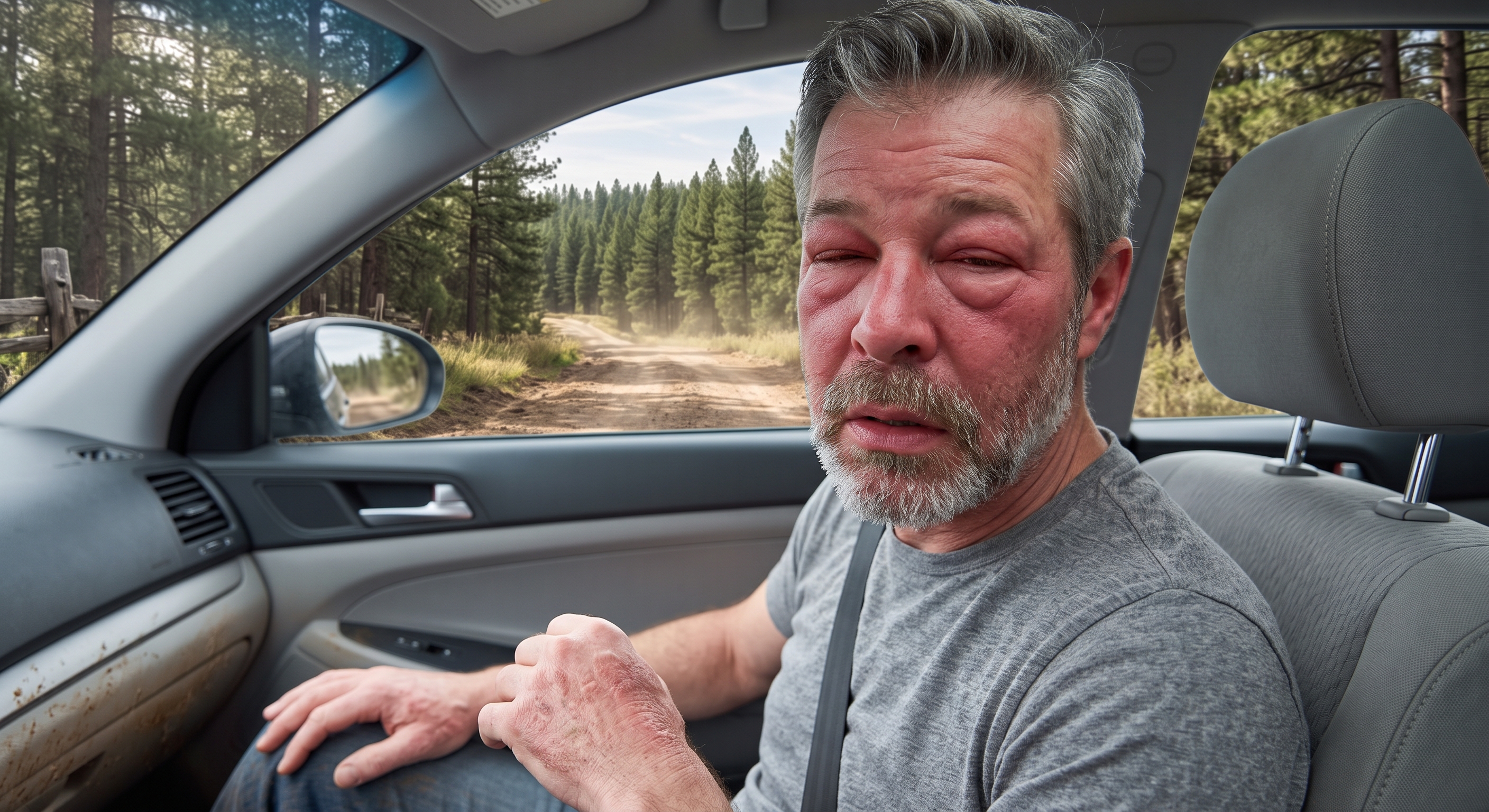 Man in car passenger seat with severely swollen face, on a rural road