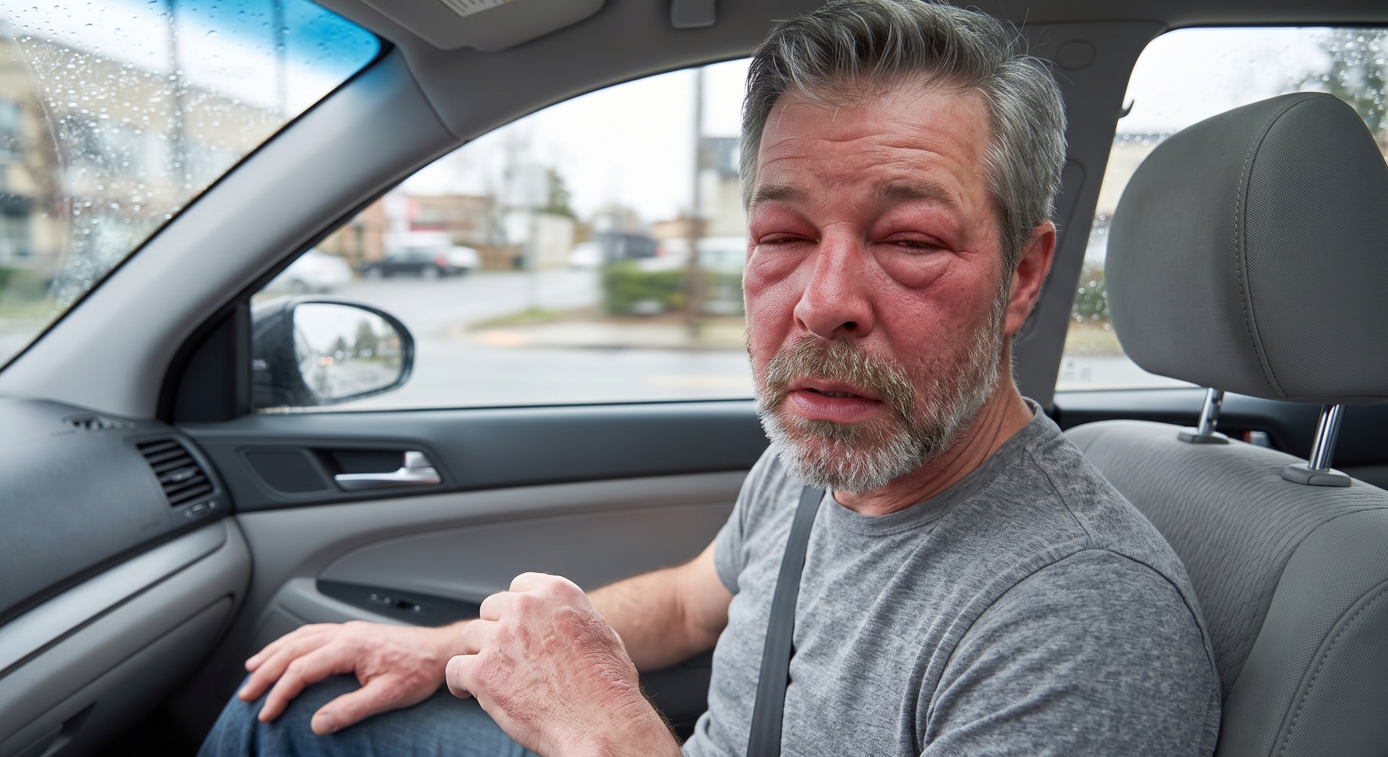 Man in car near ER with extremely swollen face