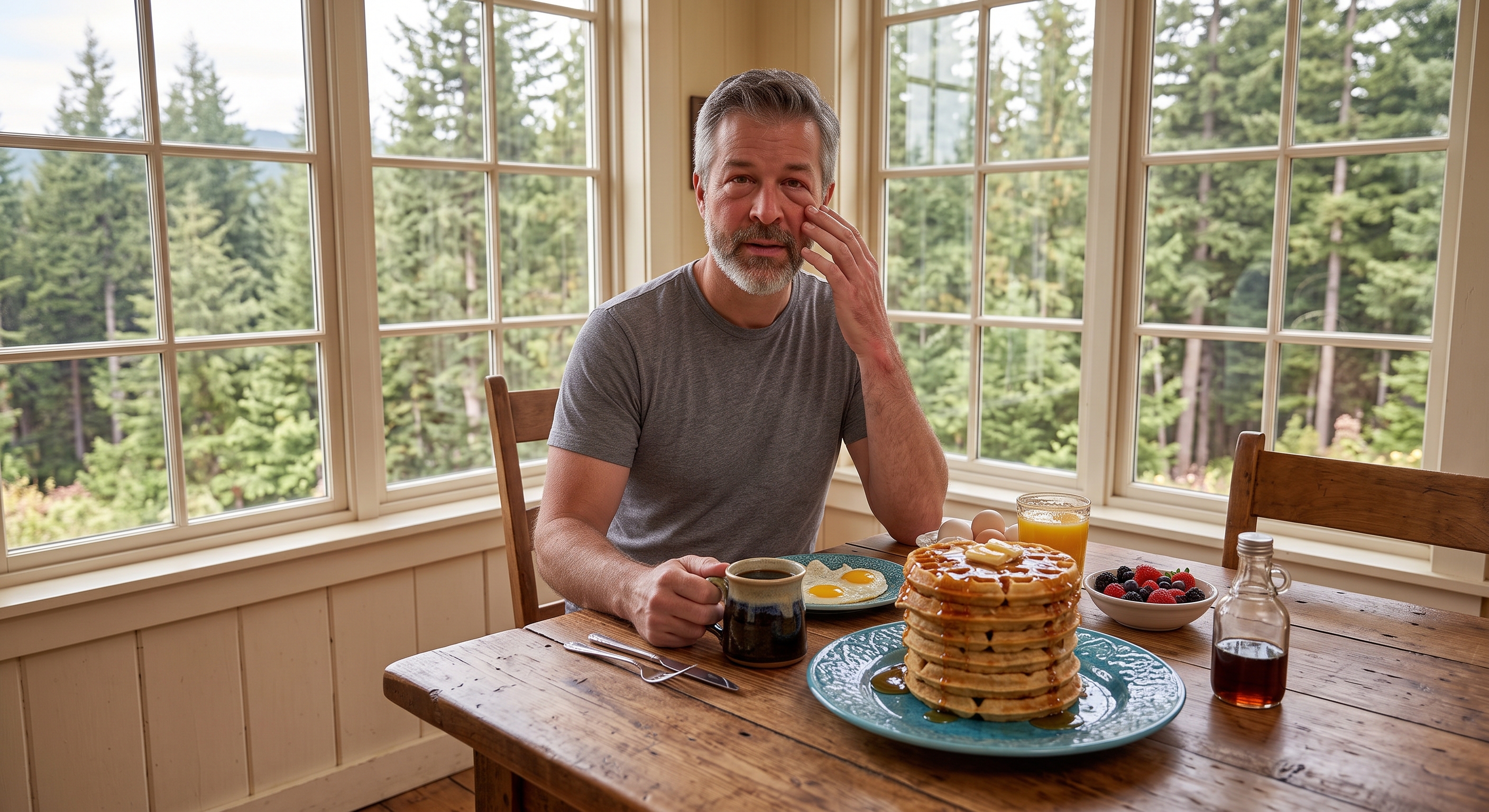 Man at breakfast table rubbing his eye, looking uncomfortable